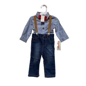 NWT Cat & Jack outfit Jeans Suspenders bow tie & candy cane jean shirt 6-9 M